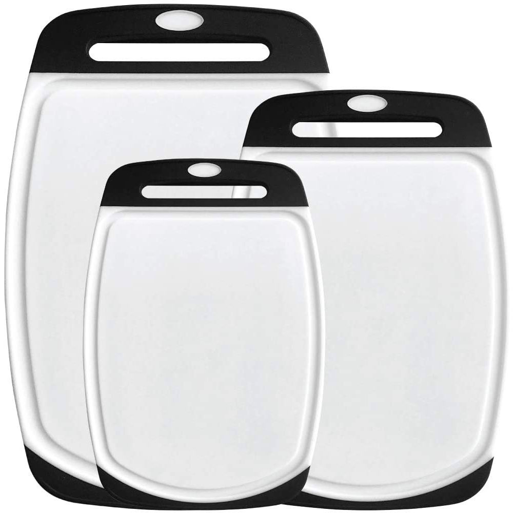 gorilla grip original oversized cutting board 3 piece bpa free dishwasher safe juice grooves larger thicker boards easy grip handle non porous extra large kitchen set of 3 gray 2